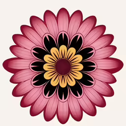 an ornate flower with pink, yellow and black petals