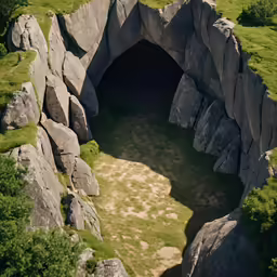 a large cave with a steep hillside on the top