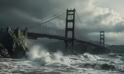 a very big bridge over some water with waves