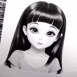 the doll girl has long dark hair and big eyes