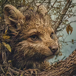 an adorable wet puppy stares over the tree branch