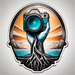 a sticker featuring a camera and a tree