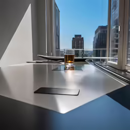 a glass of beer on a table by a window in a room with skyscrapers