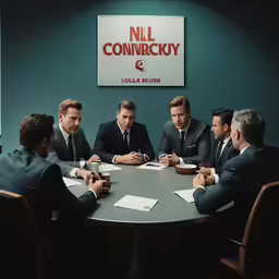 men sitting around a round table in front of a business sign