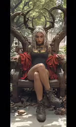 a woman with long hair and white hair sitting in a chair