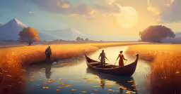 two people are on the boat and a dog is in the water