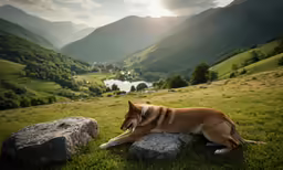 there is a dog that is laying down on the grass