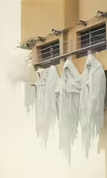 a series of white cloths hanging on the outside of a building