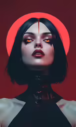 a woman with red eyes and black hair in black and red costume with a bloody red hat