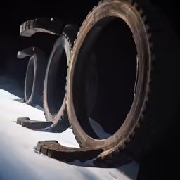 some tires are leaning on a snow bank