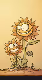 a sunflower standing with two small faces, all painted in an interesting manner