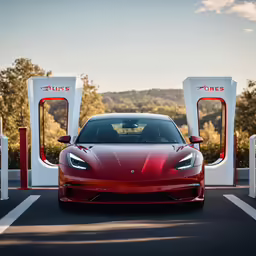 red sports car parked in front of two gas pumps