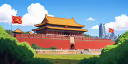 a red wall and towers are in an asian country
