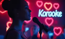the woman is speaking at a microphone in front of neon lights