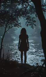 a woman walking by a lake under a tree