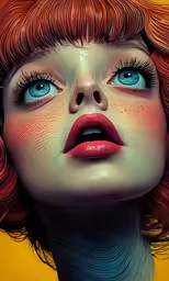 red haired woman with large blue eyes is staring up