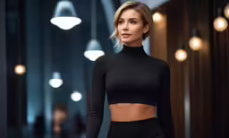a woman is standing in an office space wearing black