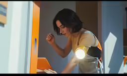 woman with black hair wearing brown top and holding a white light