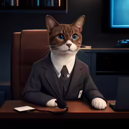 a cat dressed in a suit sitting at a desk