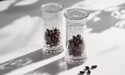 two empty glass vases next to each other on a table