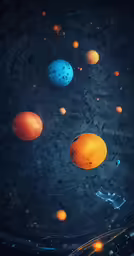a group of planets in a bowl with one orange, one blue