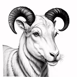 a goat with horns, in black and white