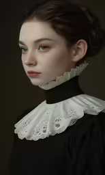 a girl in a black dress with a white collar
