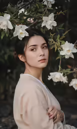 a woman with flowered hair and dress poses for the camera