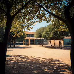 an empty park with trees and a building in the background