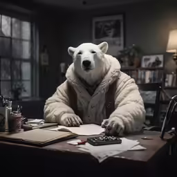 the polar bear is sitting at the desk next to the desk