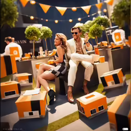 a man and woman sitting on benches in front of a table