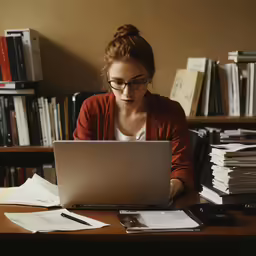 a woman looking at a laptop computer screen in front of a bookshelf full of files