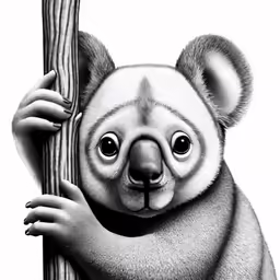a drawing of a koala leaning on a wooden fence