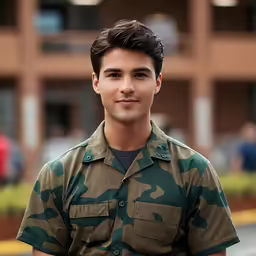 a man with dark hair wearing camouflage clothing