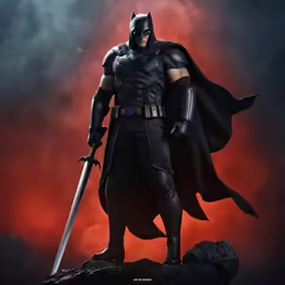 the batman movie character holding a sword and a black cape