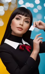 woman posing for a fashion photo while wearing a black and white shirt and red bow tie