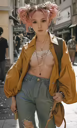 a woman with a pink mohawk wearing green pants