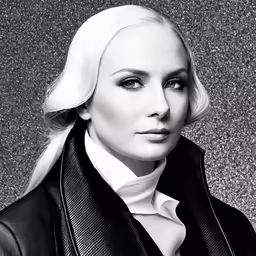 a woman in black suit and white shirt with ponytail
