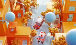 some cars in an orange and red building area