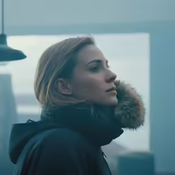 the girl is wearing a coat and hat while looking out the window