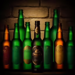 a lot of green bottles are lined up on a shelf