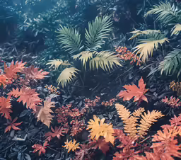 leaves and bushes are colorful against the blue sky