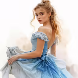 a pretty lady with an elegant blue dress holding a white object