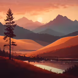 a sunset over the mountains over a river with water below,a sunset with mountains and pine trees near water