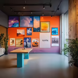 a room with orange walls and lots of posters on it