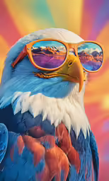 a bird wearing sunglasses and a rainbow background