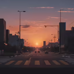 the sun is setting as people walk on the sidewalk