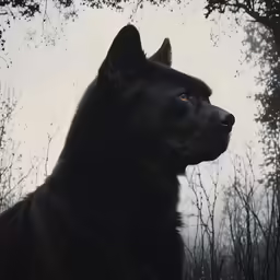 a dog sits in the water in the forest
