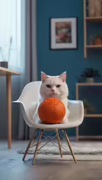 a white cat is sitting on a chair holding a basketball