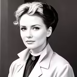 a woman in a trench coat looking at the camera